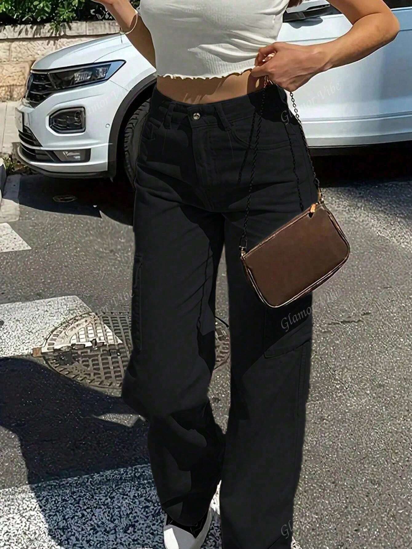 Spodnie cargo damskie z prostymi nogawkami i średnim stanem