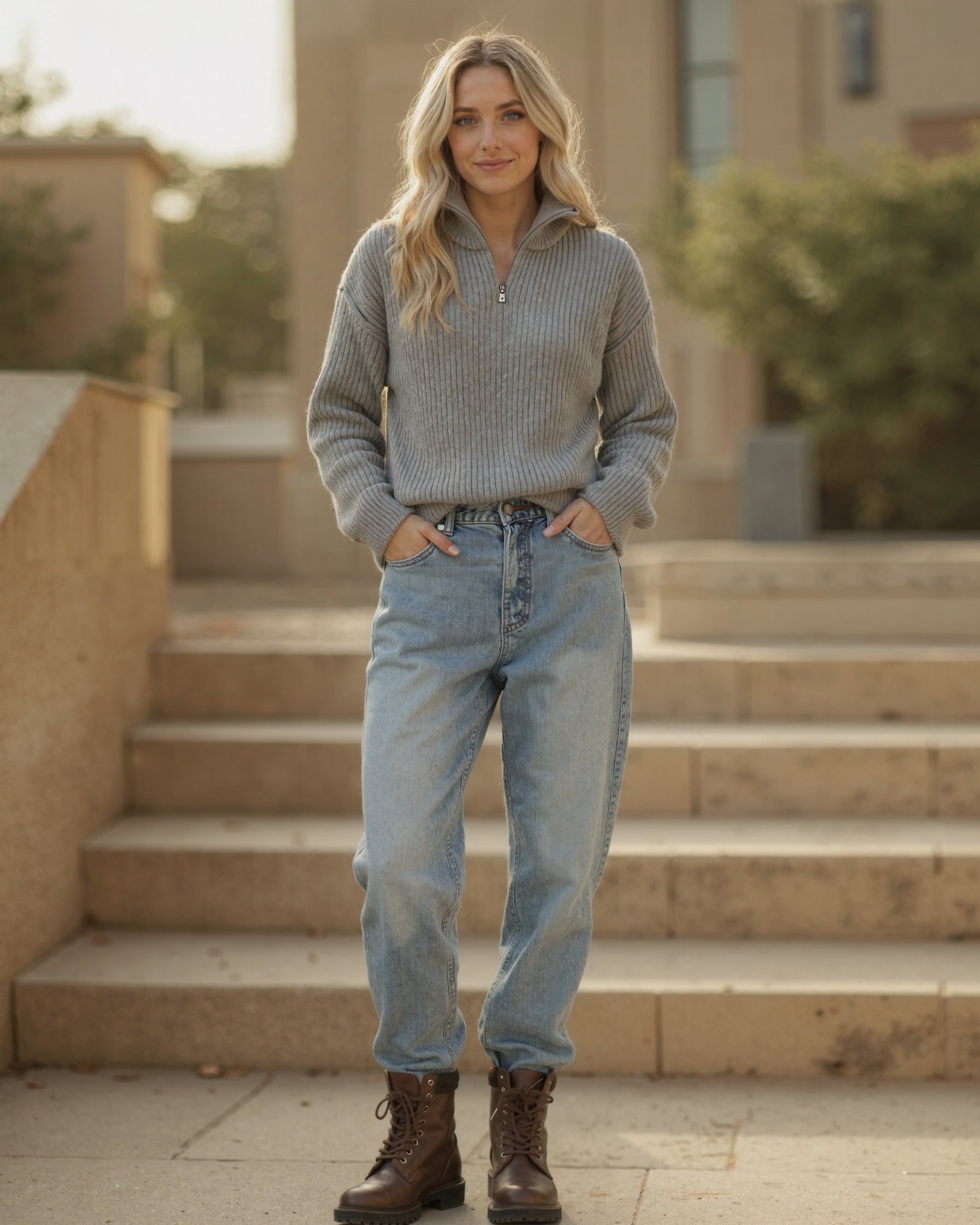 Damska dzianinowa bluza z długim rękawem i półsuwakiem