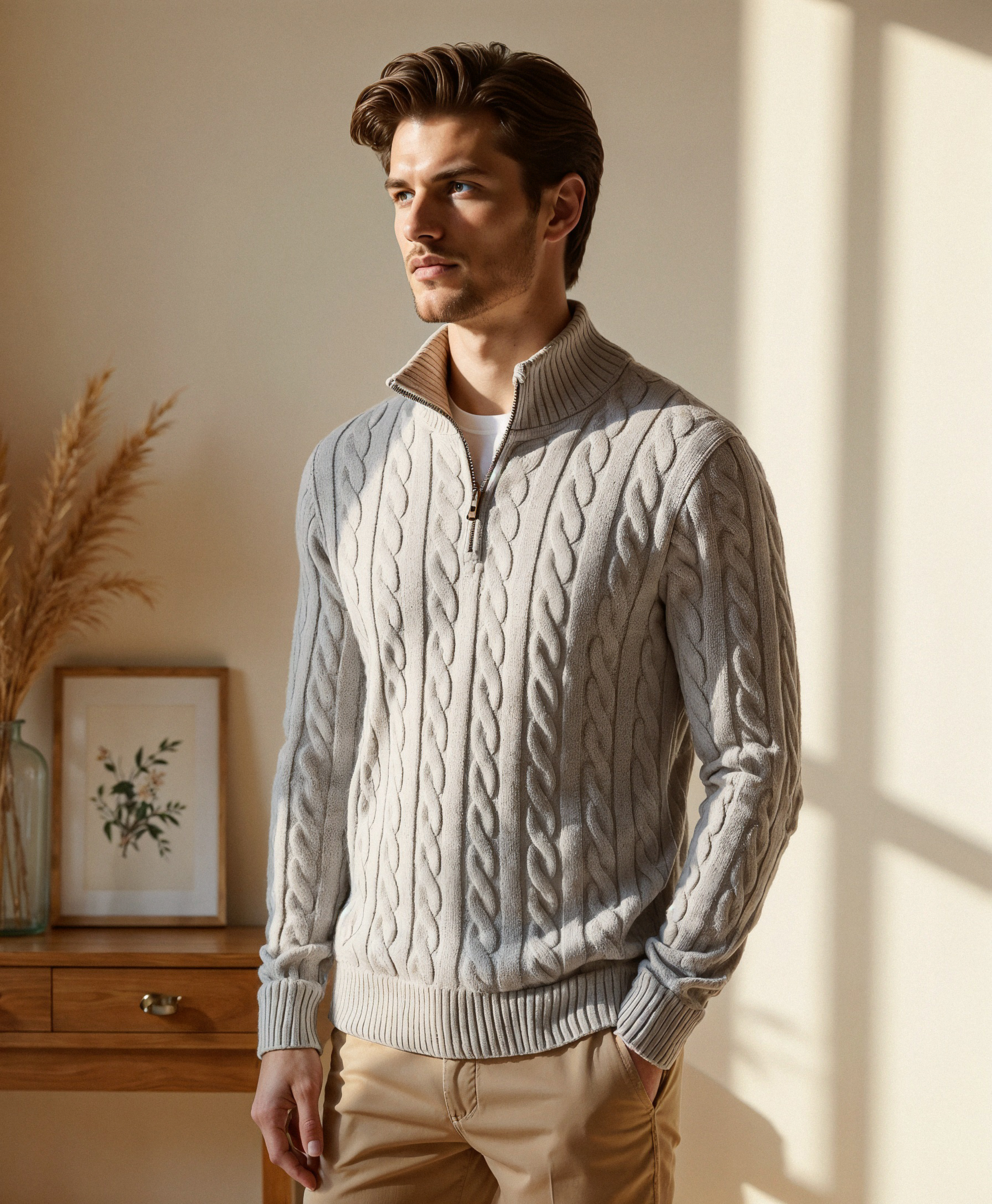 Męski sweter z prążkowanej bawełny z półsuwakiem i wysokim kołnierzem