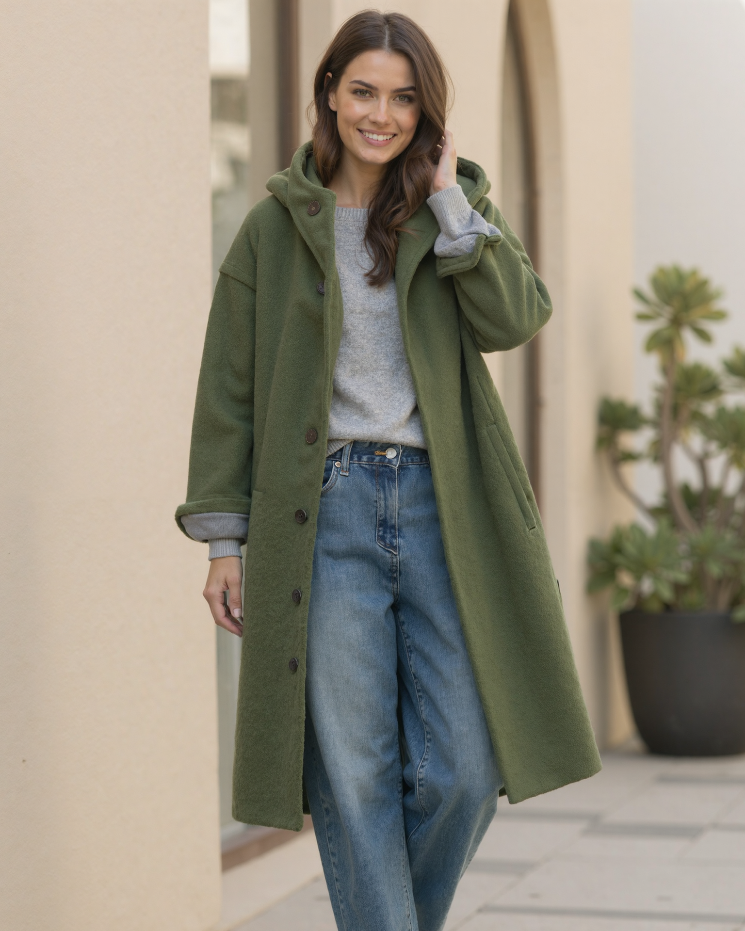 Pikowana Kurtka z Kapturem | Zapinana na Suwak i Guziki Kurtka Wierzchnia dla Kobiet