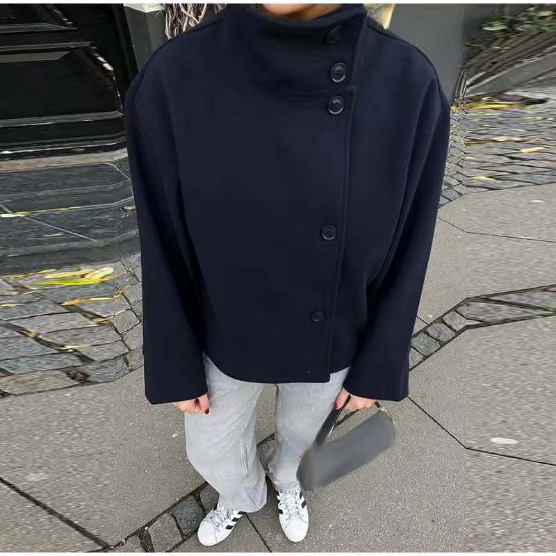 Stylowa Krótka Kurtka | Zapinana na Guziki Kurtka ze Stójką dla kobiet