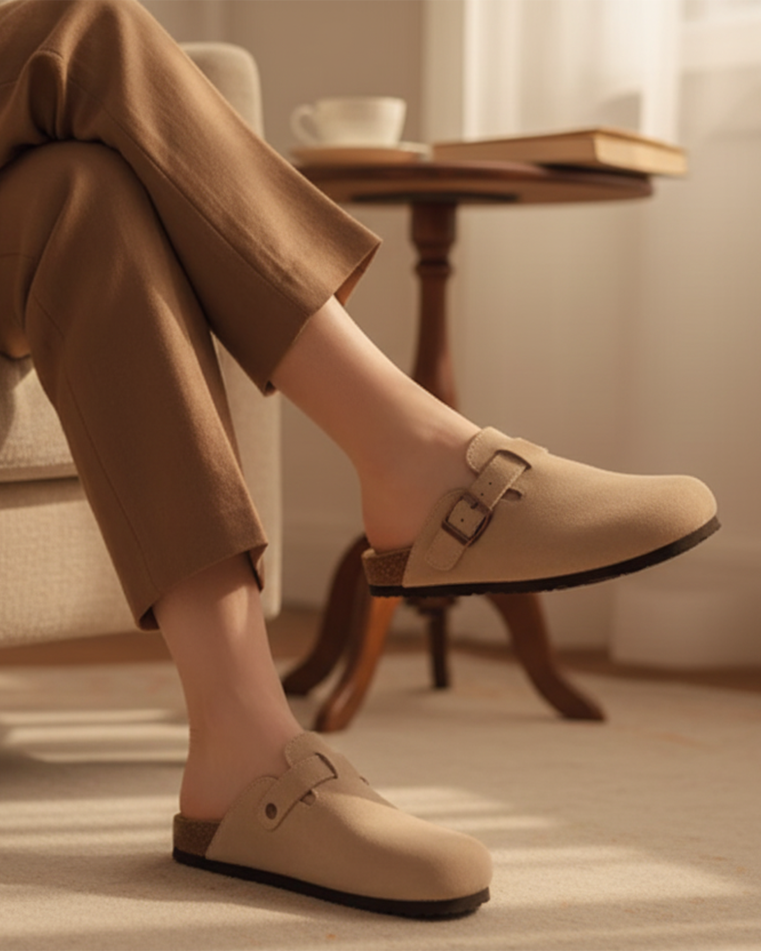 Damskie zamszowe pantofle z korka z regulowanymi paskami