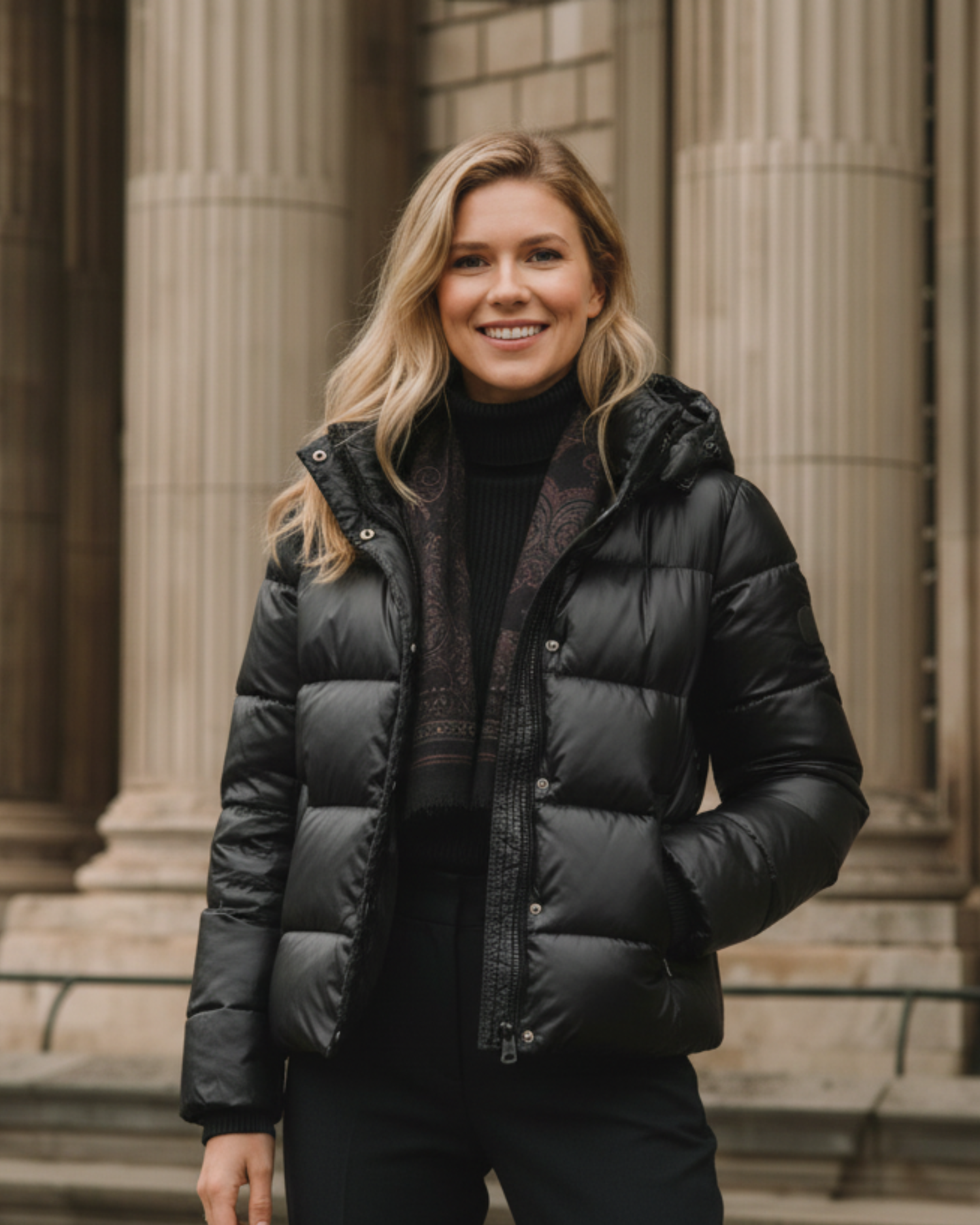 Damowa kurtka puchowa z kapturem i błyszczącym wykończeniem | Krótki fason