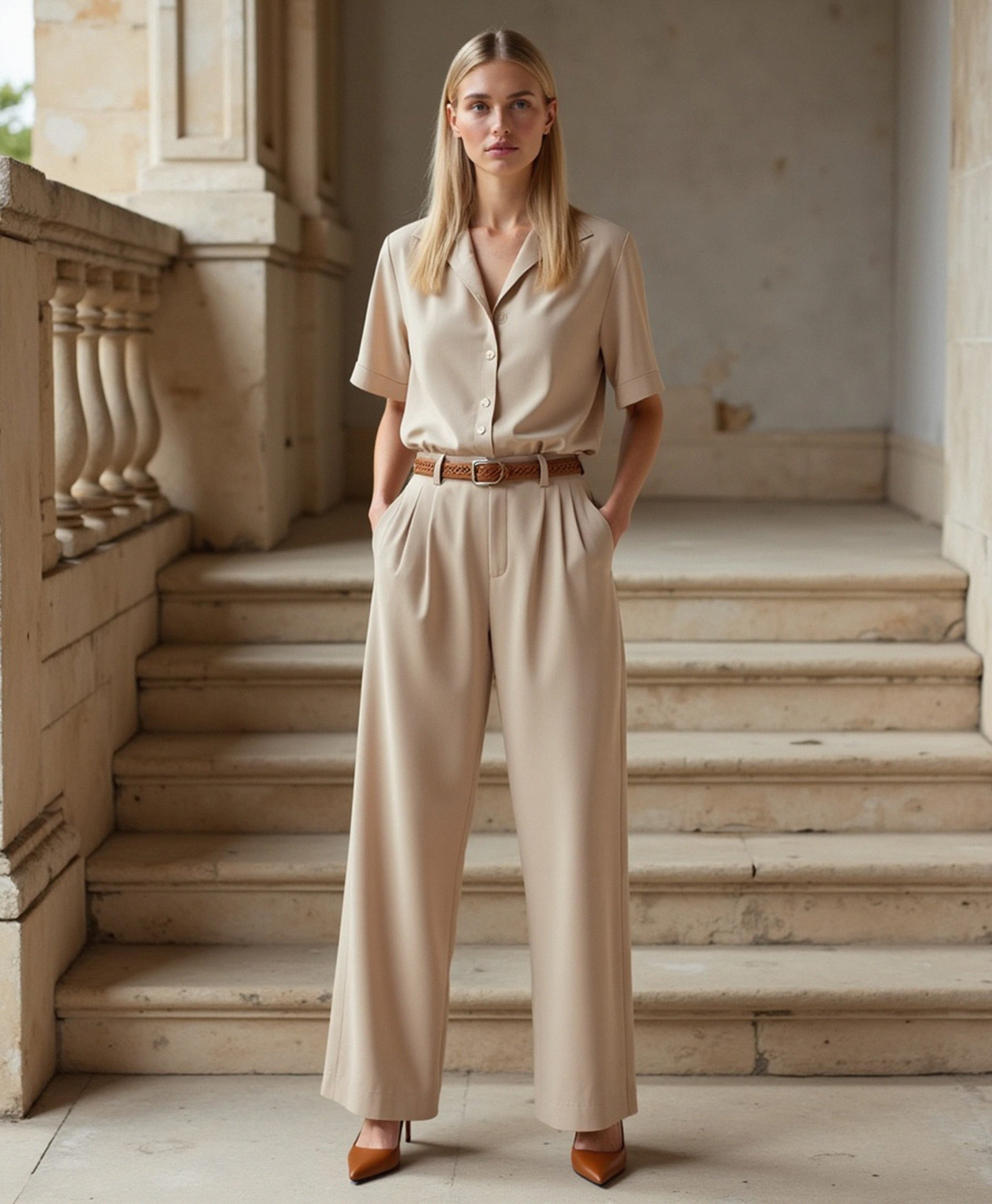 Proste spodnie damskie typu capri w kolorze jasnopiaskowym