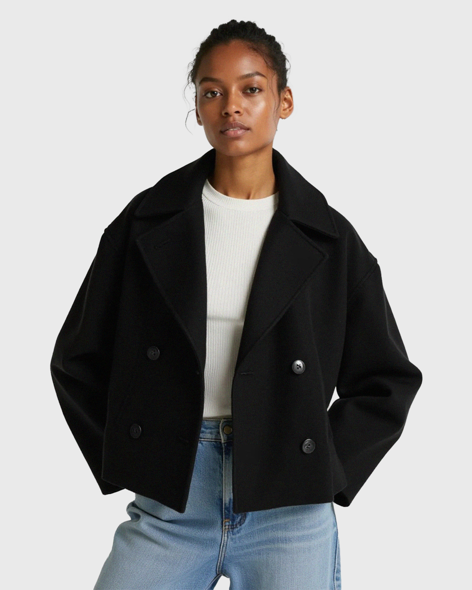 Kobieta strukturalna krótka kurtka z podwójnym zapięciem na guziki z przodu