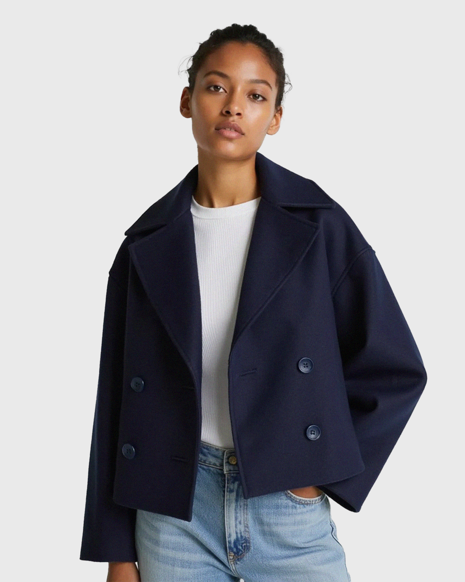 Kobieta strukturalna krótka kurtka z podwójnym zapięciem na guziki z przodu