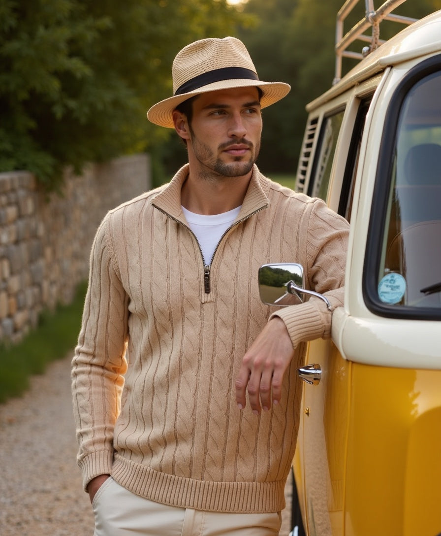 Męski sweter z prążkowanej bawełny z półsuwakiem i wysokim kołnierzem