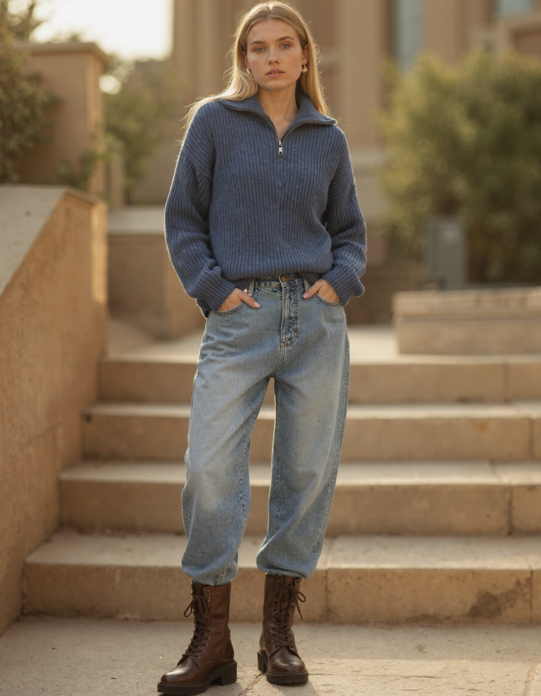 Damska dzianinowa bluza z długim rękawem i półsuwakiem