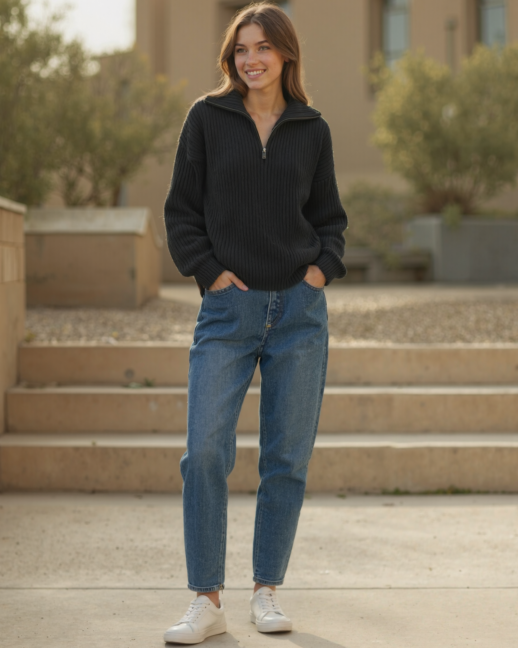 Damska dzianinowa bluza z długim rękawem i półsuwakiem