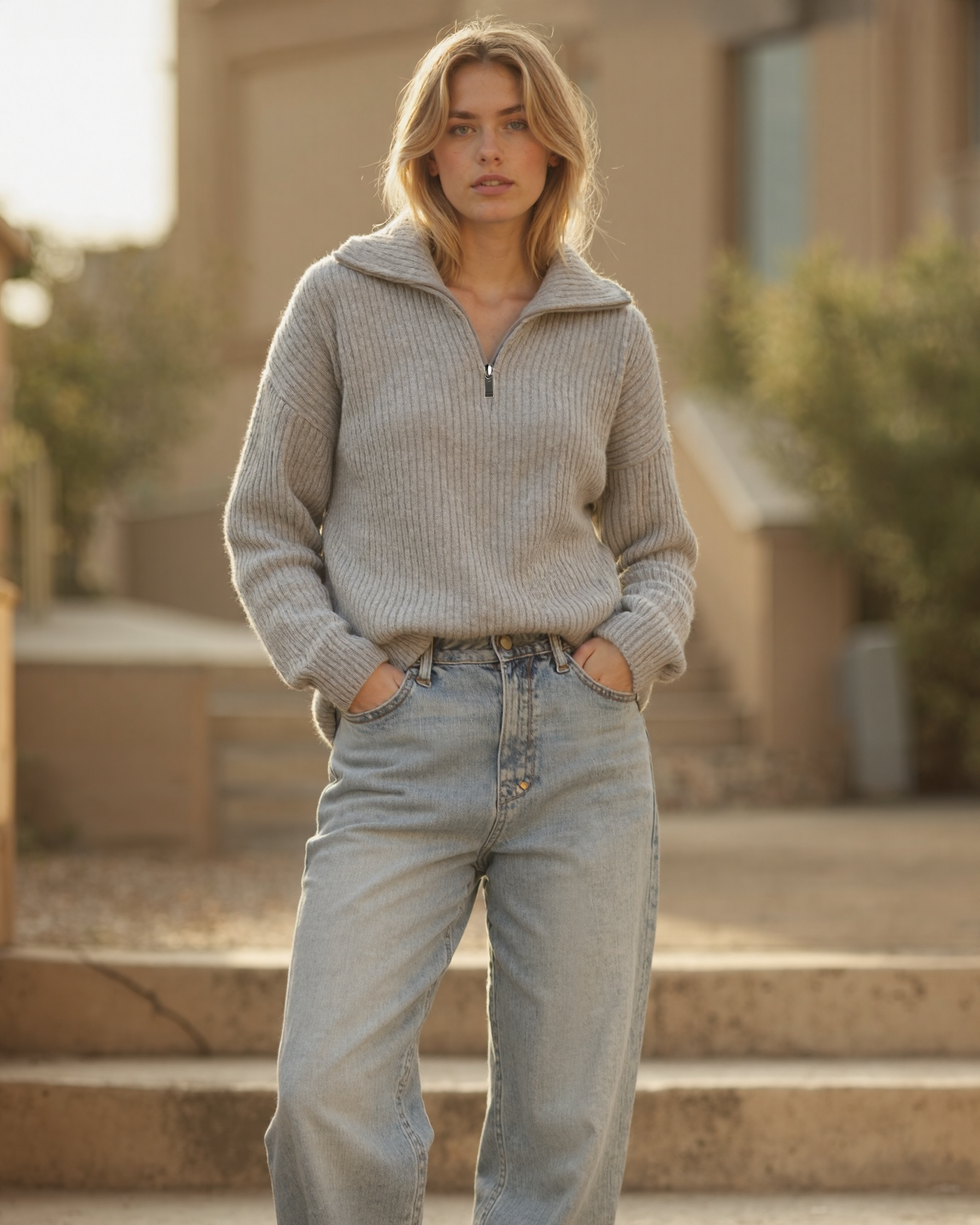 Damska dzianinowa bluza z długim rękawem i półsuwakiem