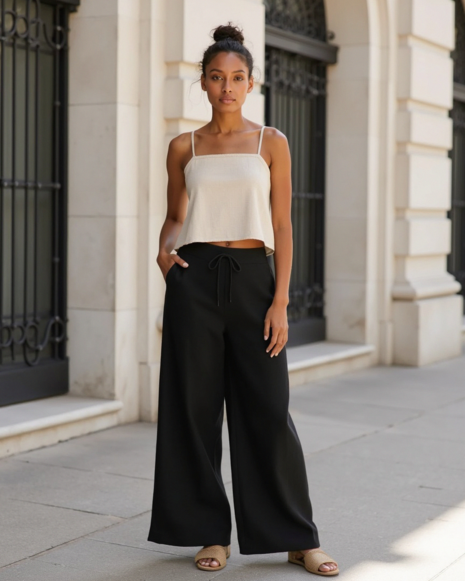 Luźne spodnie damskie z mieszanki lnu z elastycznym paskiem