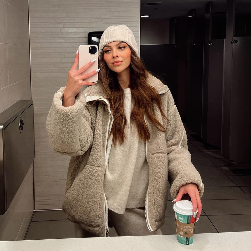 Polar Zimowy Oversize dla kobiet | Zapinana na Zamek Kurtka Sherpa ze Stójką