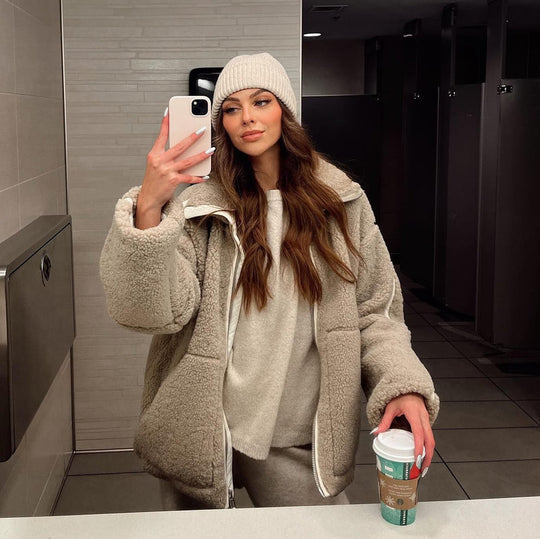 Polar Zimowy Oversize dla kobiet | Zapinana na Zamek Kurtka Sherpa ze Stójką