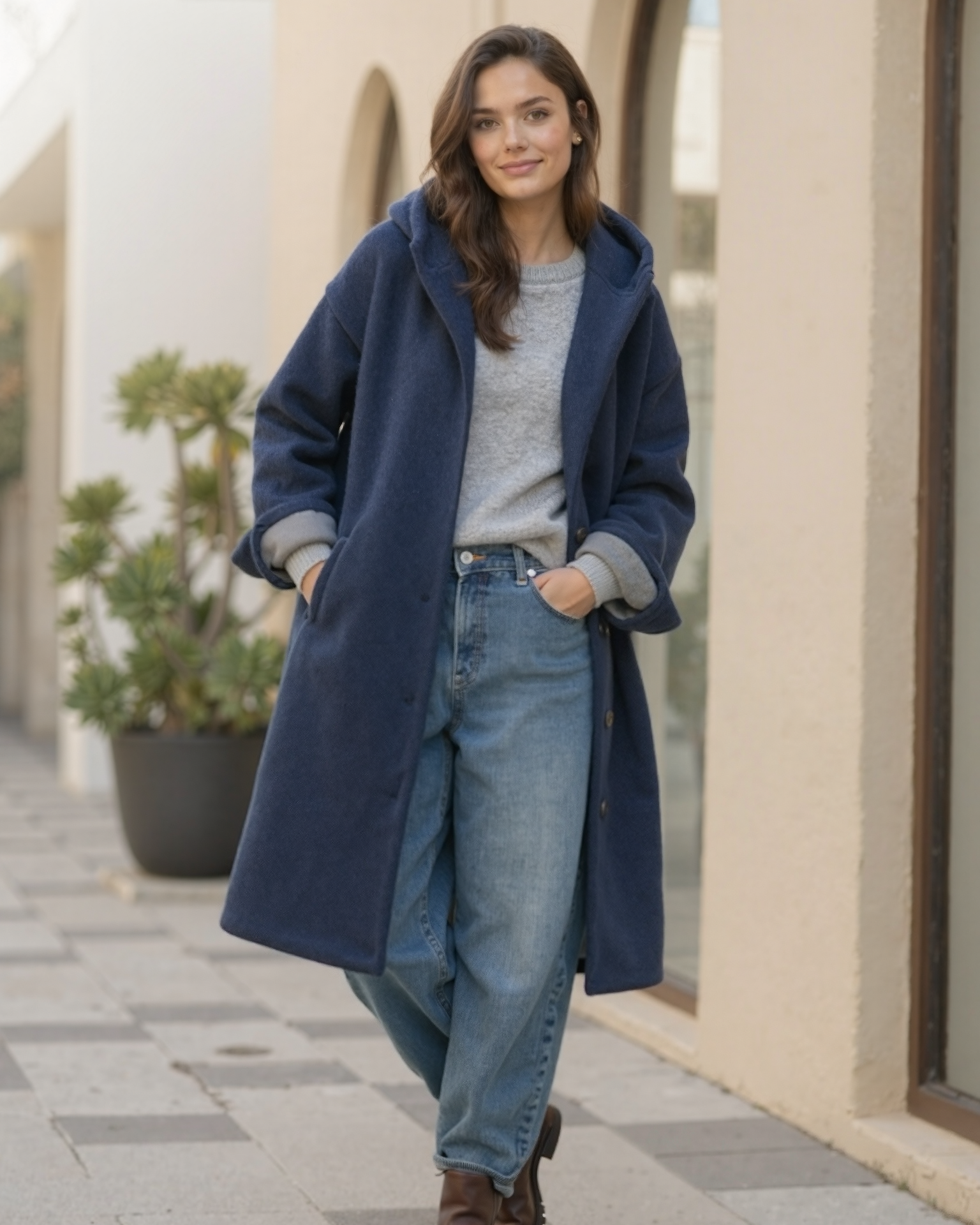 Pikowana Kurtka z Kapturem | Zapinana na Suwak i Guziki Kurtka Wierzchnia dla Kobiet