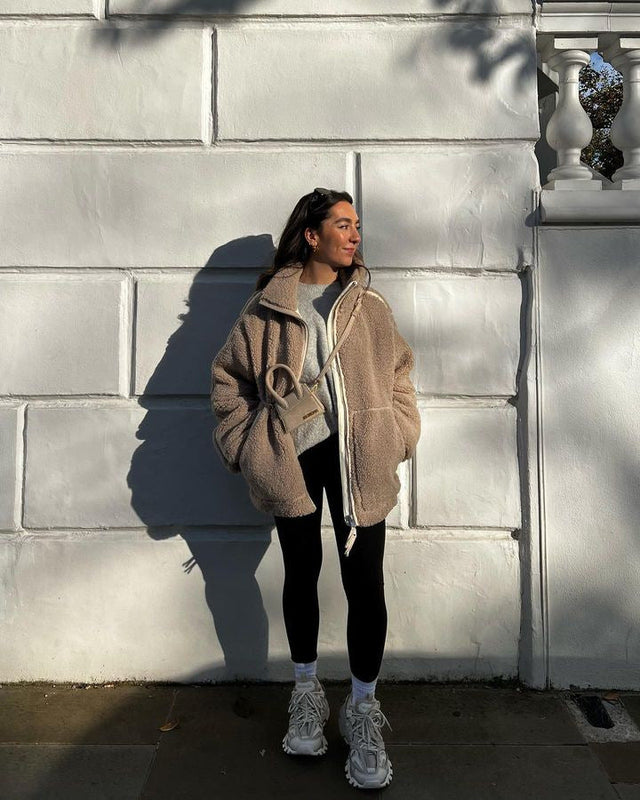 Polar Zimowy Oversize dla kobiet | Zapinana na Zamek Kurtka Sherpa ze Stójką