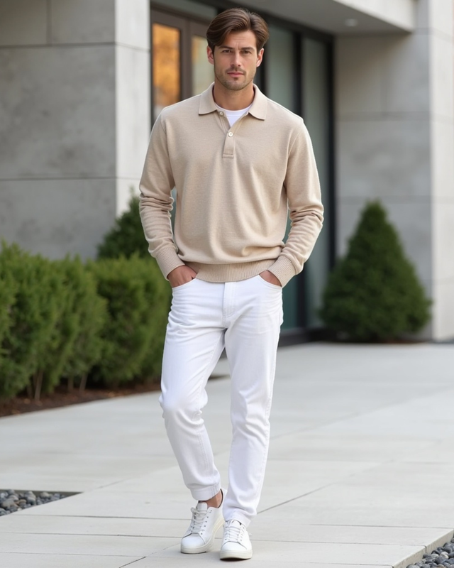 Dzianinowa Koszulka Polo z Długim Rękawem | Top z Kołnierzykiem Zapinanym na Guziki dla Mężczyzn