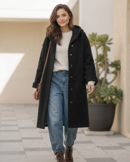 Pikowana Kurtka z Kapturem | Zapinana na Suwak i Guziki Kurtka Wierzchnia dla Kobiet