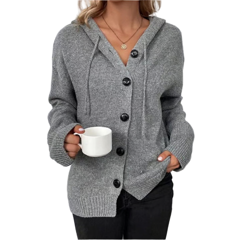 Kardigan na Guziki z Kapturem | Prążkowana Dzianina Oversize dla kobiet