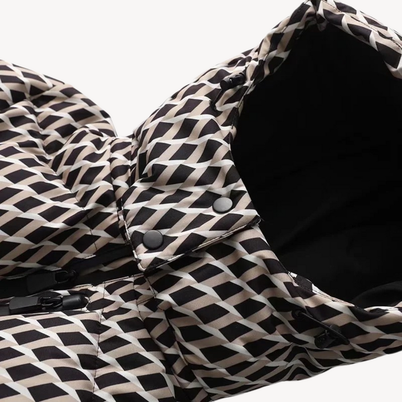 Puffer z Kapturem i Paskiem | Pikowana Kurtka we Wzór Graficzny dla kobiet