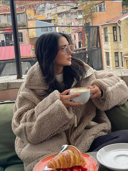 Polar Zimowy Oversize dla kobiet | Zapinana na Zamek Kurtka Sherpa ze Stójką