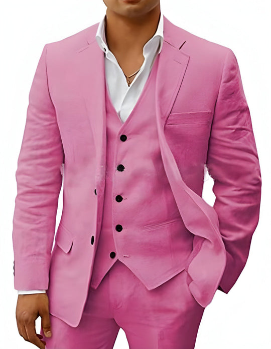 3 Częściowy Beżowy Garnitur | Mieszanki Lnu dla Mężczyzn