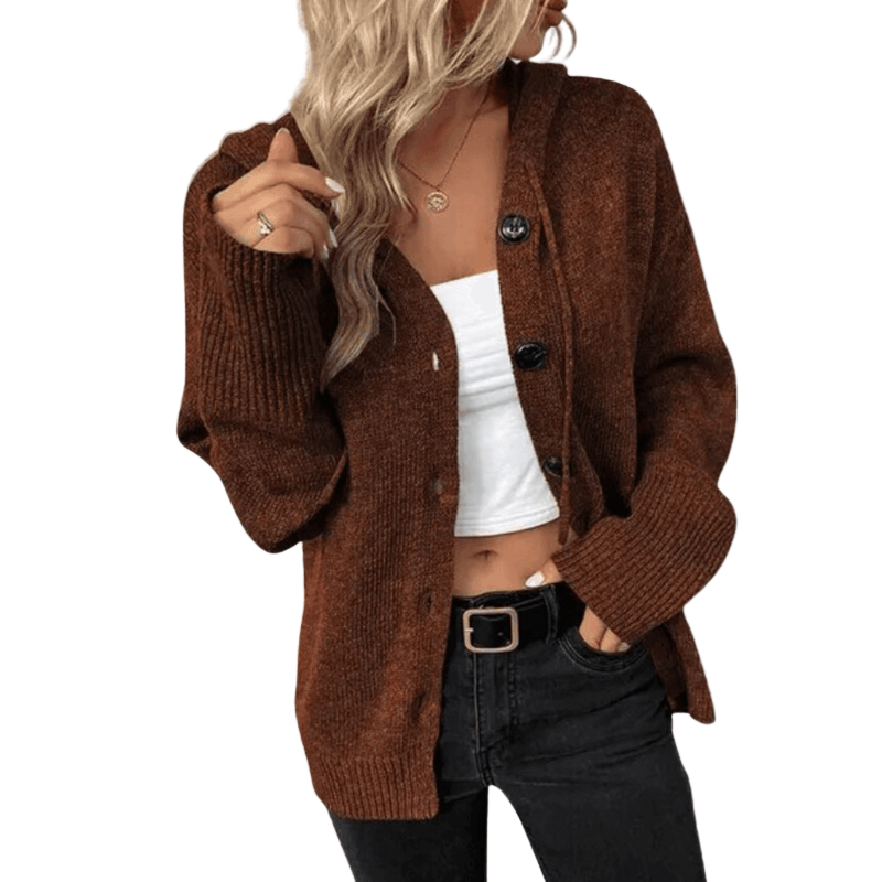 Kardigan na Guziki z Kapturem | Prążkowana Dzianina Oversize dla kobiet