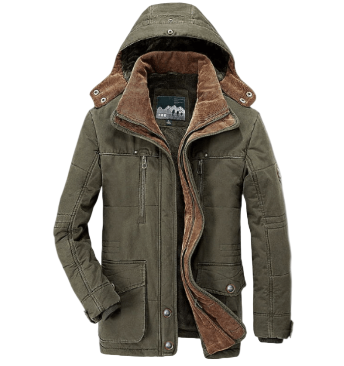 Męski Gruby Płaszcz Zimowy z Kapturem | Kurtka z Głebokimi Kieszeniami