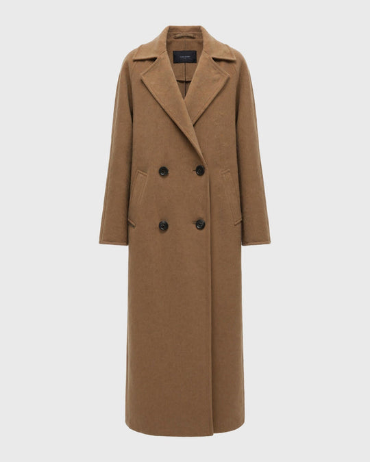 Długi Płaszcz dla Kobiet | Mieszanka Wełny i Dwa Rzędy Guzików z Klapami z wycięciem