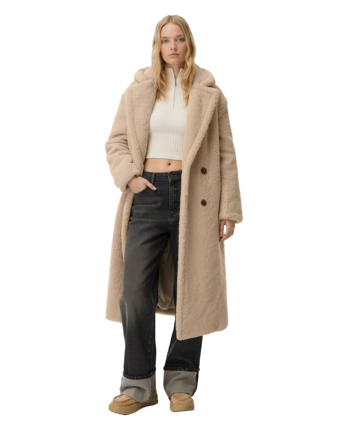 Długi Płaszcz ze Sztucznego Futra | Płaszcz z Dwoma Rzędami Guzików i Kołnierzem dla Kobiet