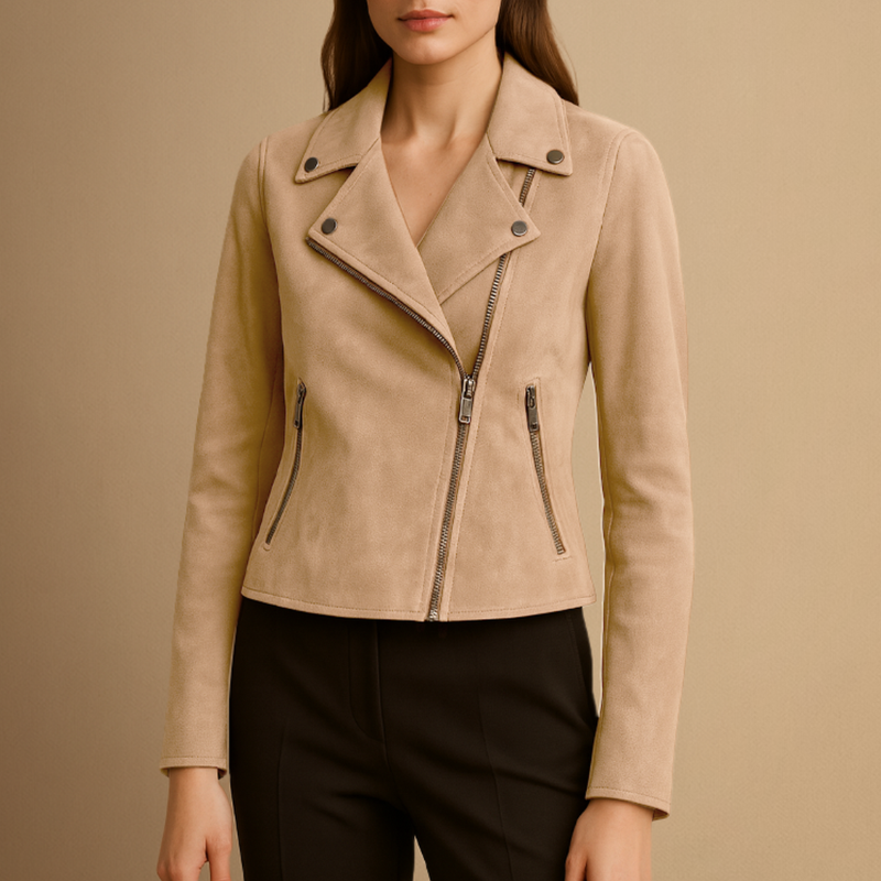 Kurtka Moto Fałszywe Zamsz | Asymetryczny Zamek Błyskawiczny i Klapy dla kobiet