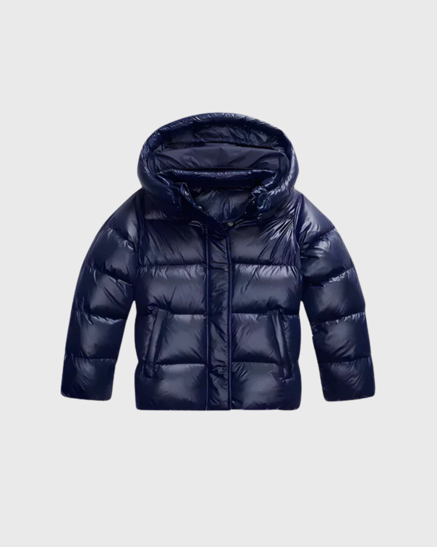 Damowa kurtka puchowa z kapturem i błyszczącym wykończeniem | Krótki fason