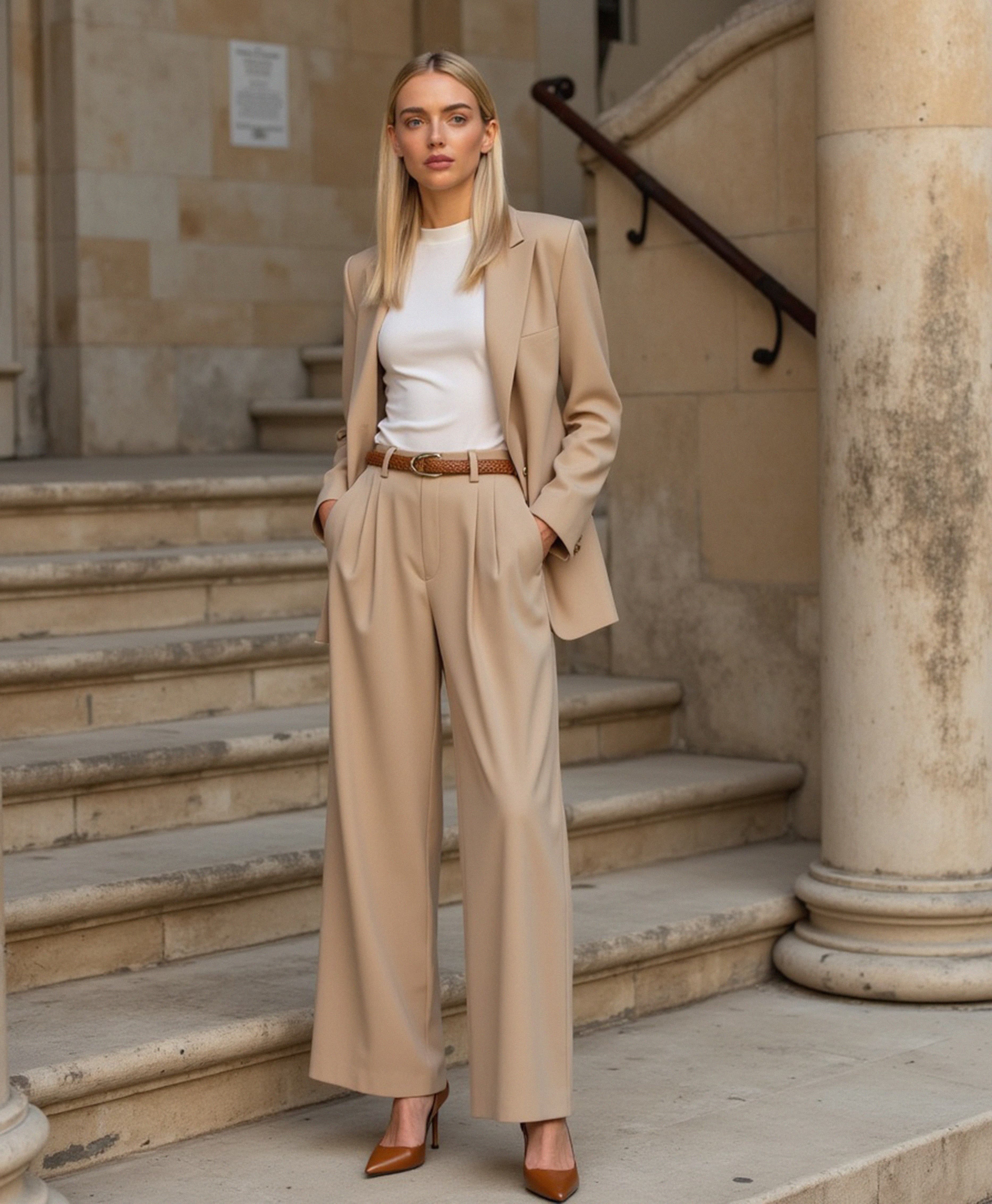 Proste spodnie damskie typu capri w kolorze jasnopiaskowym