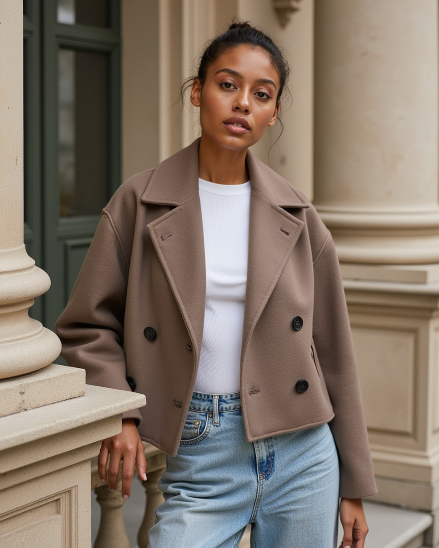 Kobieta strukturalna krótka kurtka z podwójnym zapięciem na guziki z przodu