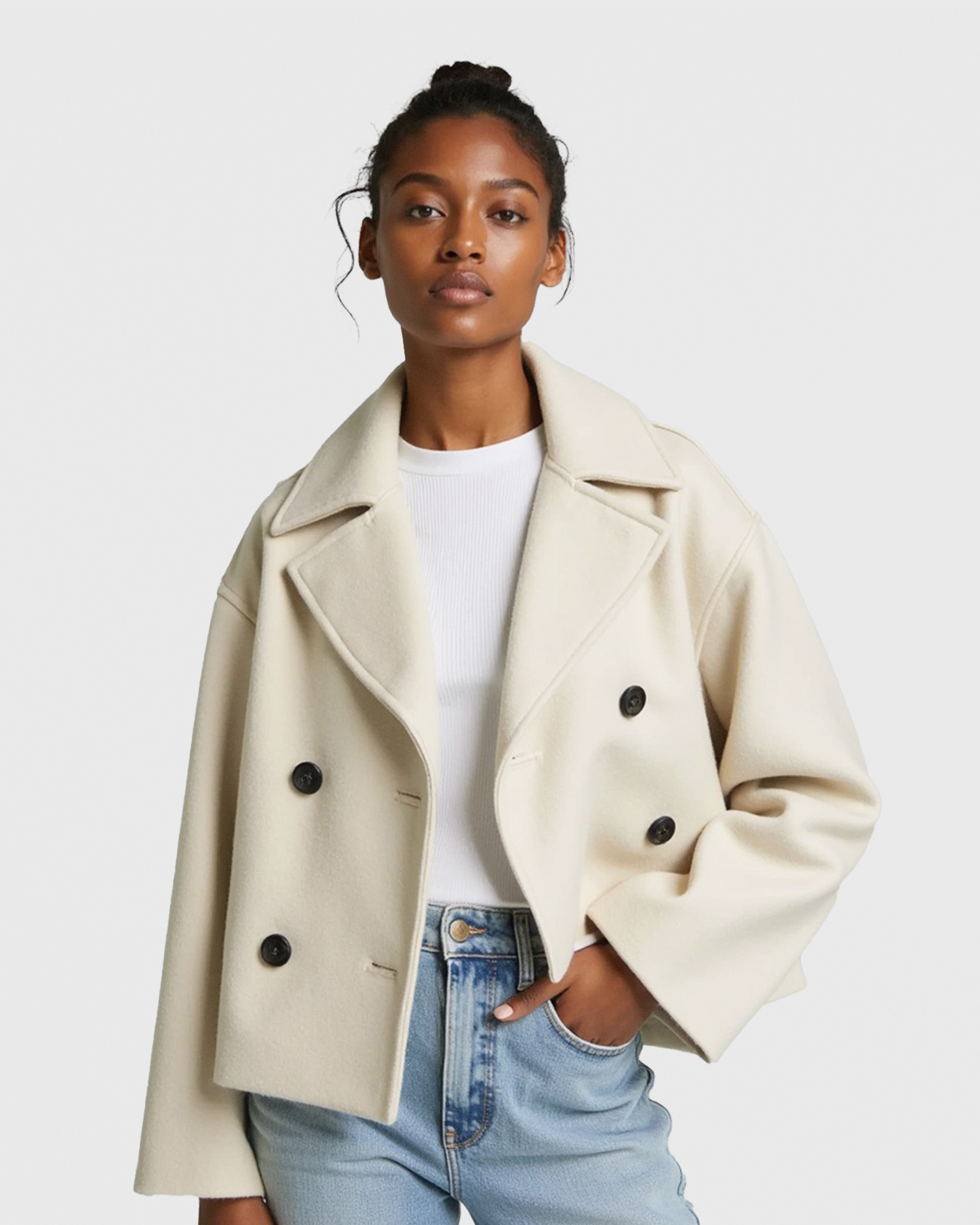 Kobieta strukturalna krótka kurtka z podwójnym zapięciem na guziki z przodu