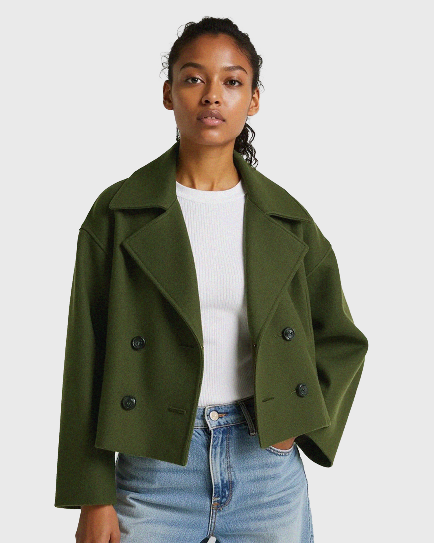 Kobieta strukturalna krótka kurtka z podwójnym zapięciem na guziki z przodu