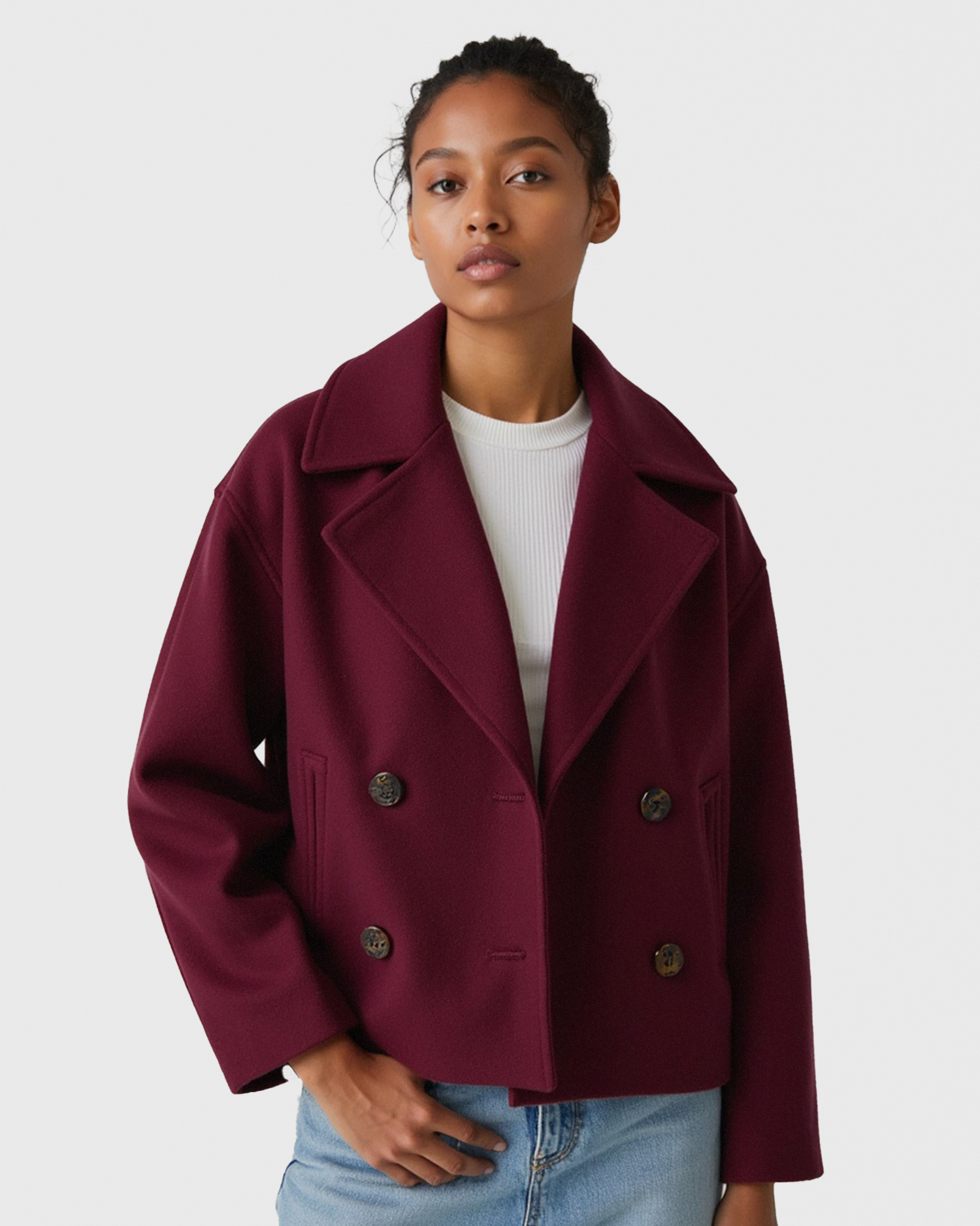 Kobieta strukturalna krótka kurtka z podwójnym zapięciem na guziki z przodu